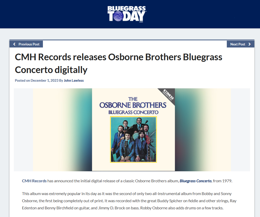 Bluegrass Today Thanks CMH Records for Digital Release of The Osborne Brothers' Bluegrass Concerto